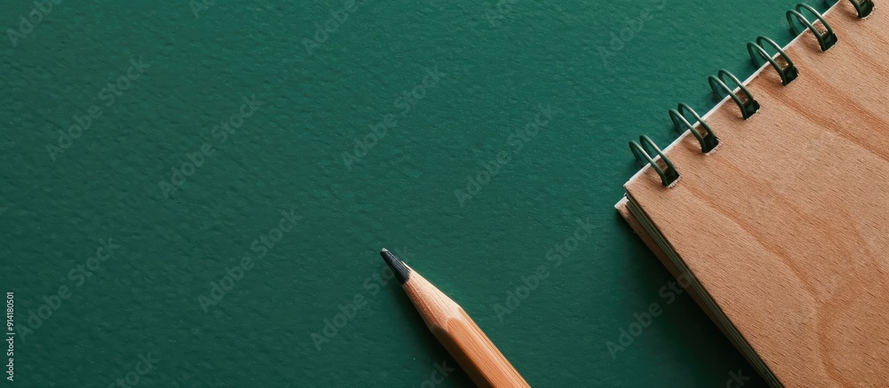 Sticker wooden pencil placed on a green background near a notebook with ample copy space image