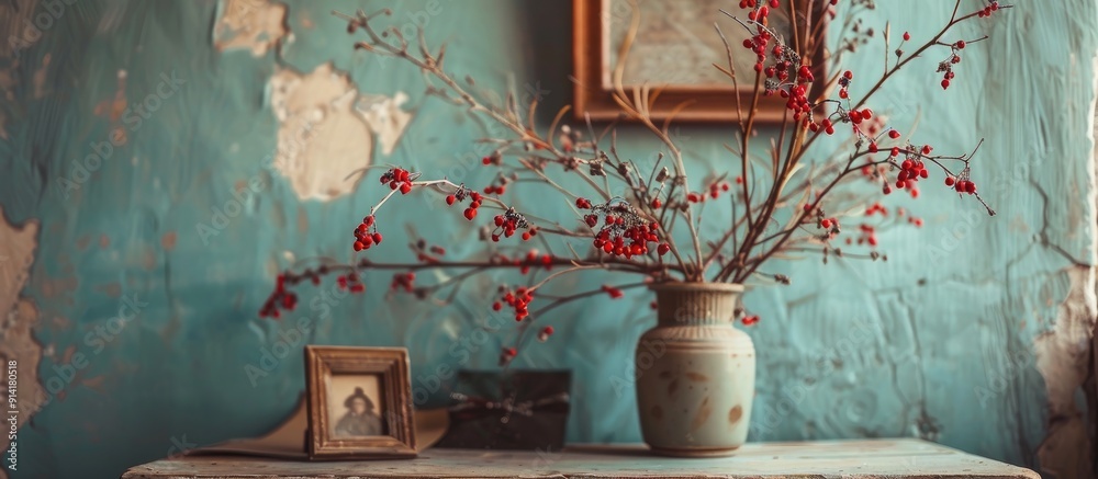 Poster wooden table adorned with hawthorn branches and red berries in a vase accompanied by a picture and d