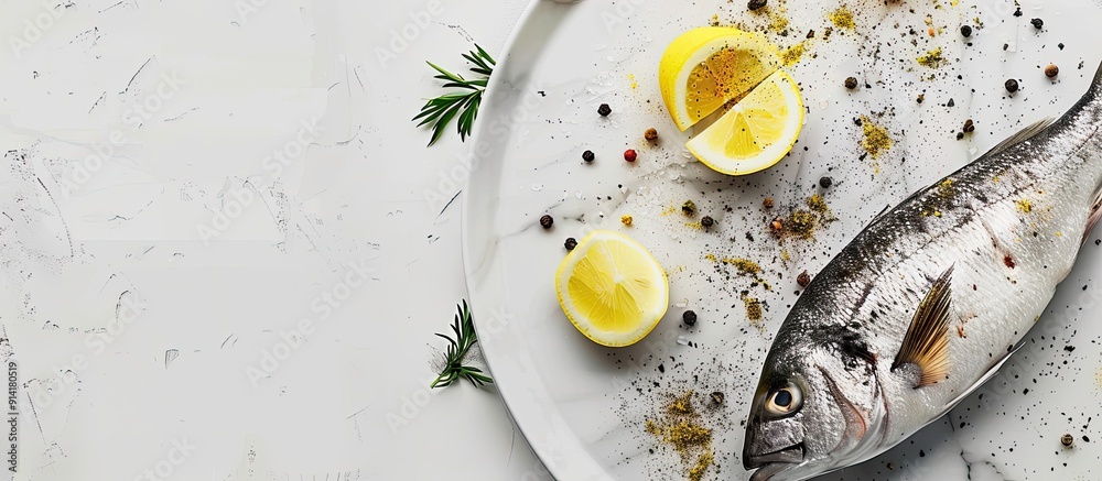 Poster an uncooked dorado fish seasoned with spices and lemon on a plate with a white table background for 