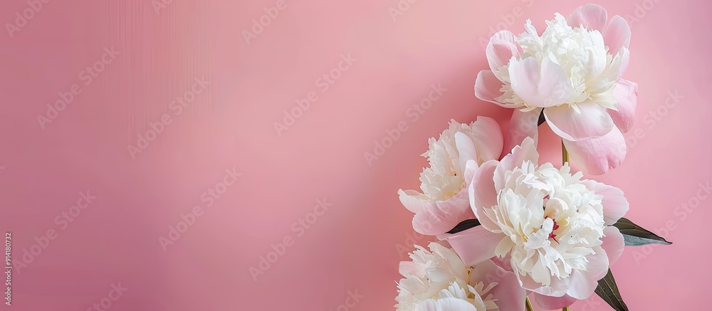 Poster white peonies blooming against a soft pink backdrop with ample copy space for product presentations 