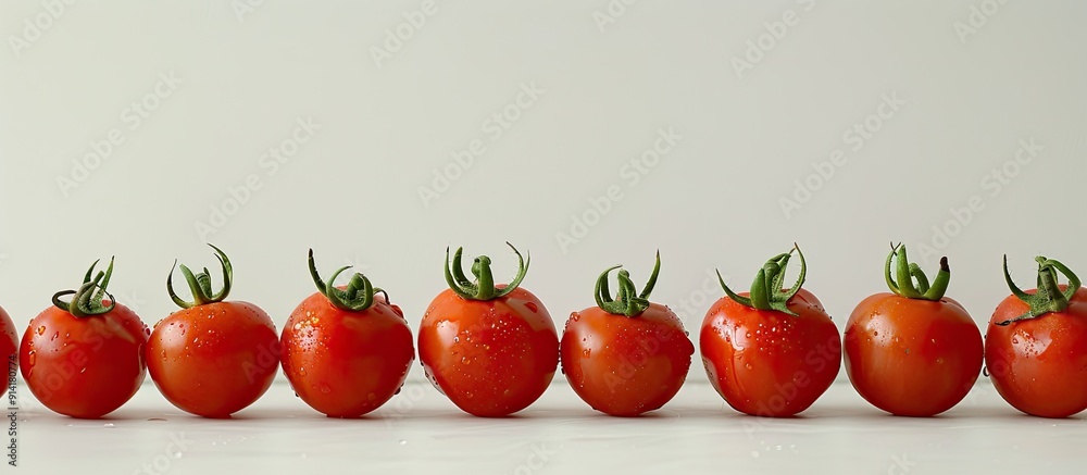 Fototapete Tomatoes displayed on the table with a white backdrop for copy space image