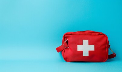 Blue backdrop with a red first aid kit or bag and copy space, Generative AI.