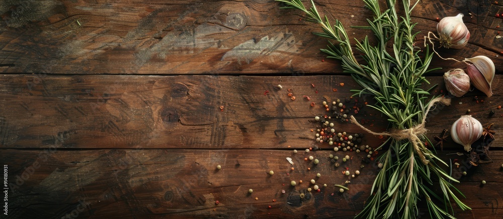 Aufkleber Rosemary is tied to a wooden surface with spices surrounding it creating a visually appealing copy space image from a top down perspective