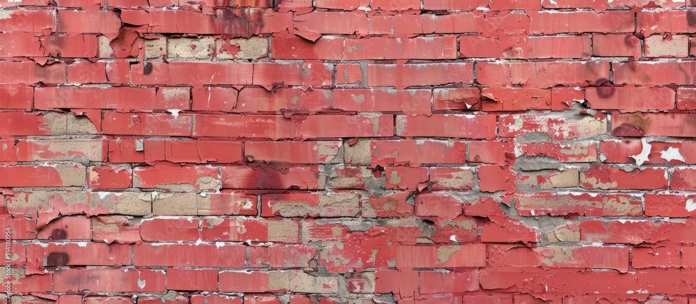 Fototapete old brick wall with peeling paint creating a weathered and worn grungy red stonewall backdrop for a 