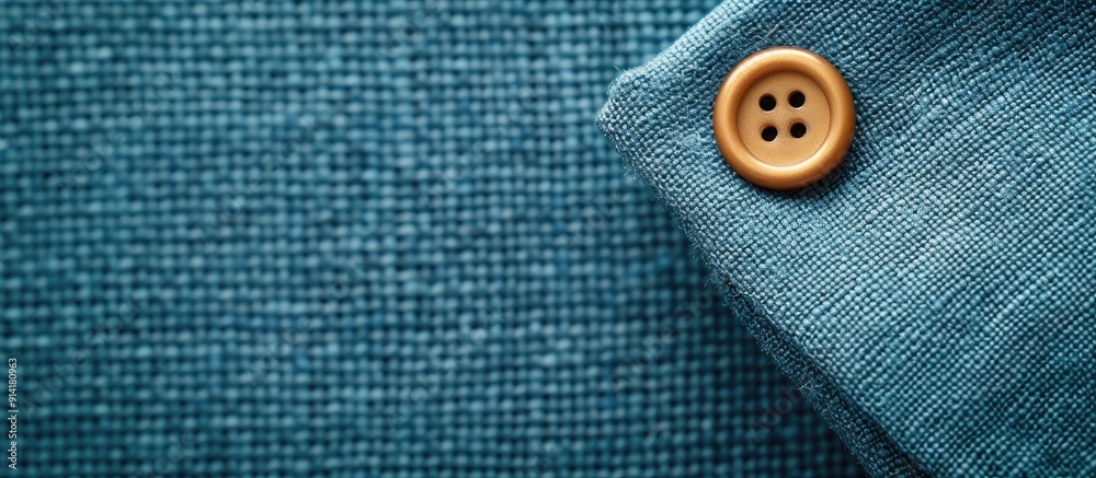 Poster sewing a button onto a blue fabric swatch background with copy space image