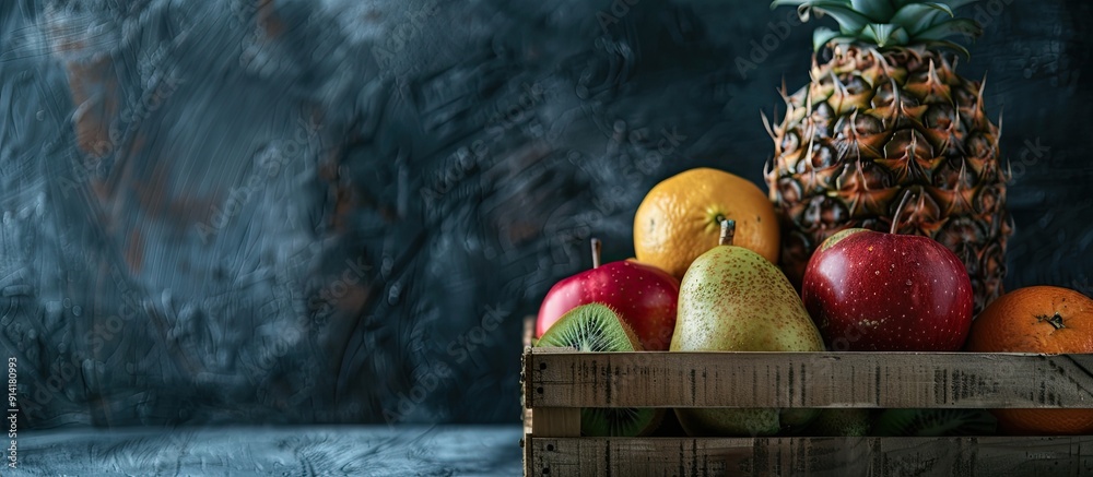 Poster wooden box contains a variety of fruits like pineapple garnet tangerine apple and kiwi with a compli