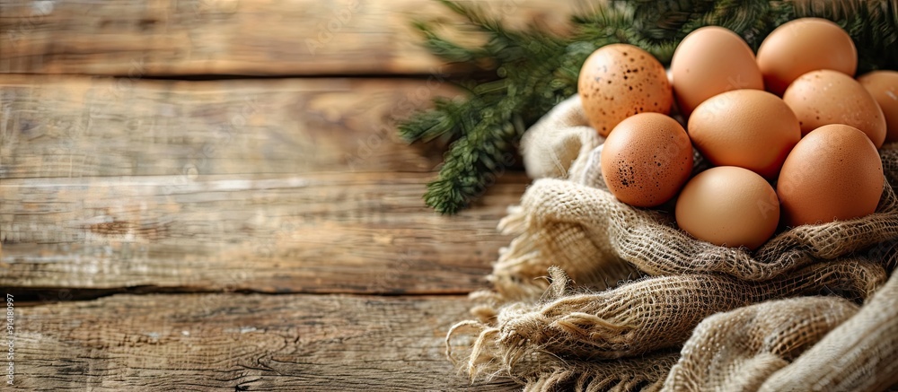 Poster a rustic style easter photo concept featuring fresh organic eggs on a wooden background with ample c