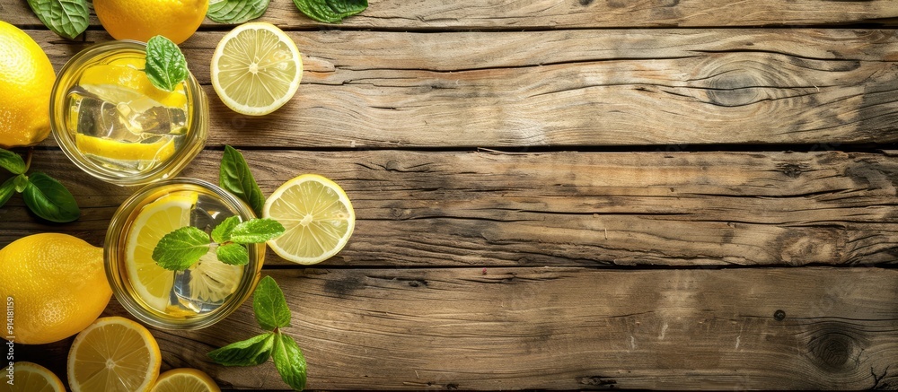 Poster wooden background with fresh lemonade composition featuring copy space image