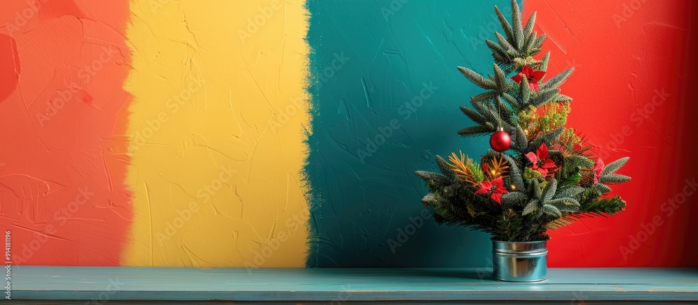 Poster a small christmas tree decorated for the new year on a colorful backdrop featuring copy space for im