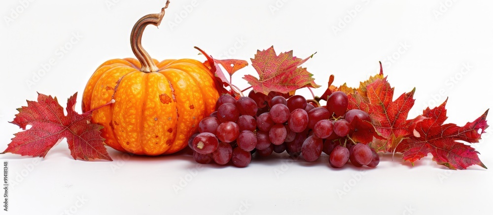 Aufkleber isolated on a white backdrop a vibrant composition of a pumpkin and red grape leaves creates an eleg