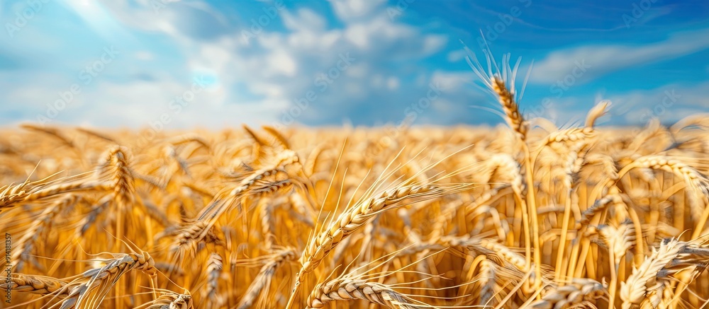Poster Wheat ears in a golden field with a blue sky backdrop for copy space image