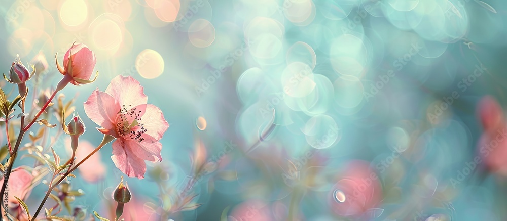 Aufkleber soft floral card with a rosehip in bloom during spring or summer set against a blurred bokeh flower 