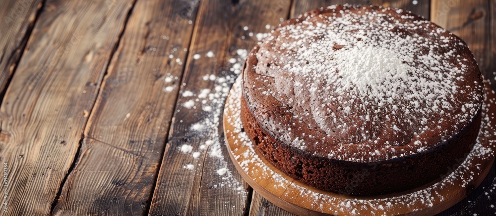 Leinwandbilder rustic chocolate cake topped with powdered sugar displayed on a wooden table with copy space image