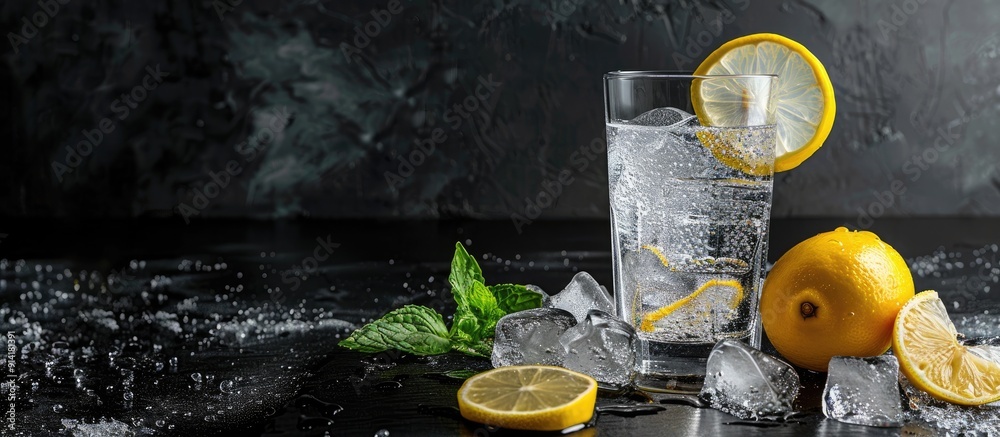 Aufkleber fresh cold carbonated water with ice lemon slices and soda on black background with copy space image