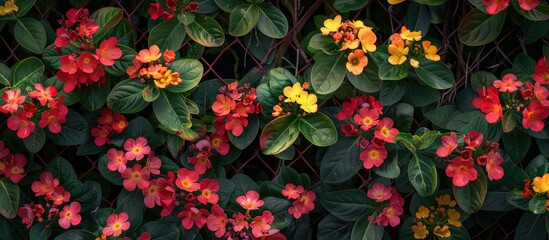 A vibrant mix of red and yellow Euphorbia Milii Desmoul flowers sits alongside Pink Red Poi Sian blooms on a bush near a fence creating a cheerful card pattern against a copy space image