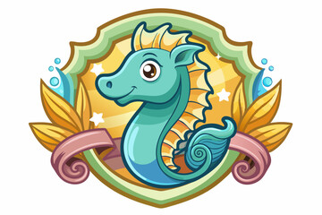Obraz premium Cartoon Sea Horse in Ornate Shield with Water Elements