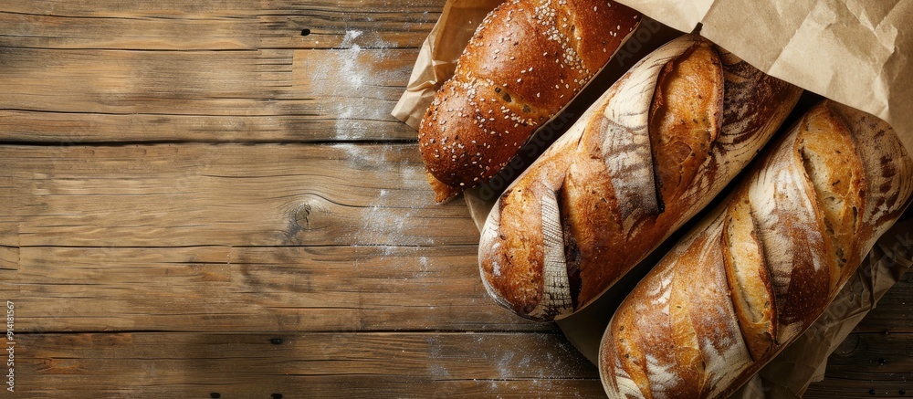 Poster fresh bread loaves displayed on a wooden background with a paper bag in a top view copy space image