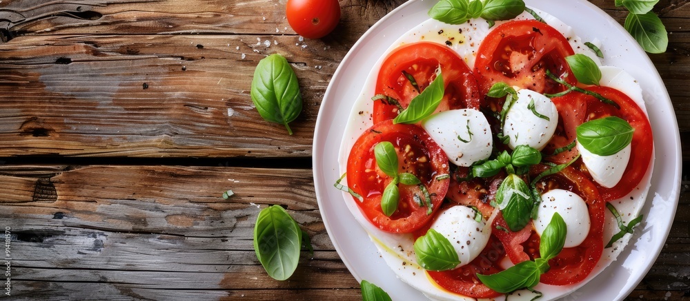 Poster top view of a plate with caprese salad a classic italian dish featuring cherry tomatoes fresh mozzar
