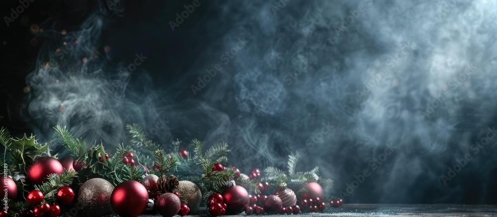 Leinwandbilder Smoke and black background featuring a festively adorned table with Christmas balls allowing for your own decorative elements in the copy space image