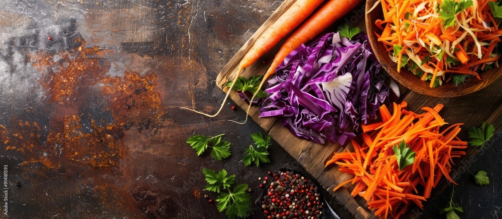 Poster Fresh vegetables like chopped carrot and cabbage are arranged on a wooden cutting board in a rustic style top view ideal for a healthy food concept with copy space image