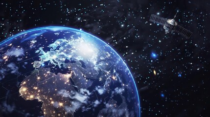 Obraz premium A 3D clip art of the Earth with failing satellites and disrupted signals