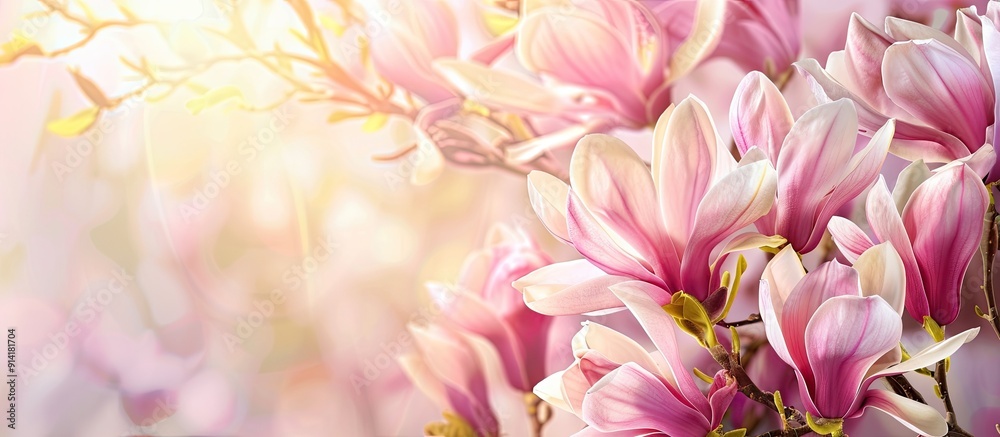 Poster spring floral background with beautiful magnolia flowers a copy space image