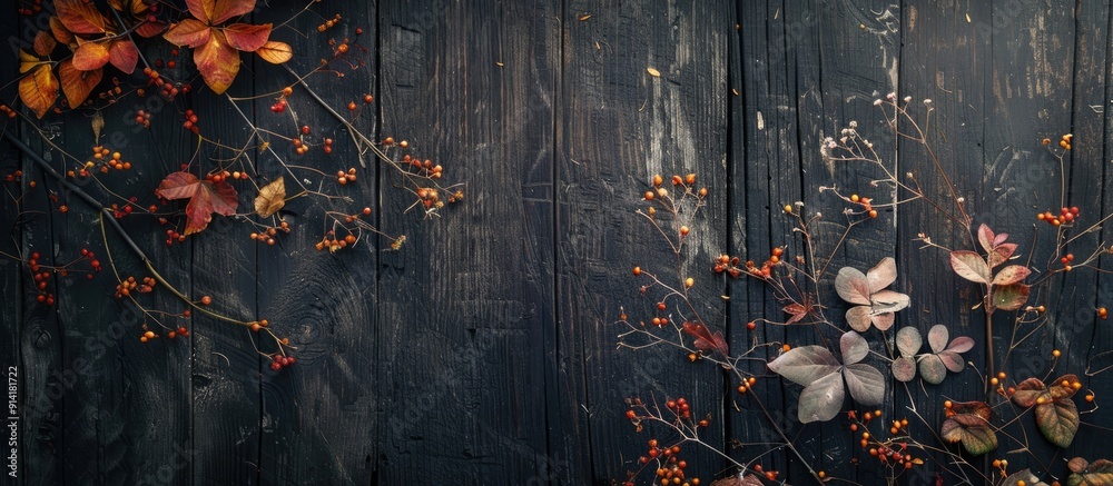 Aufkleber fall foliage against a rustic dark wooden backdrop depicts an antique setting with aged details and 