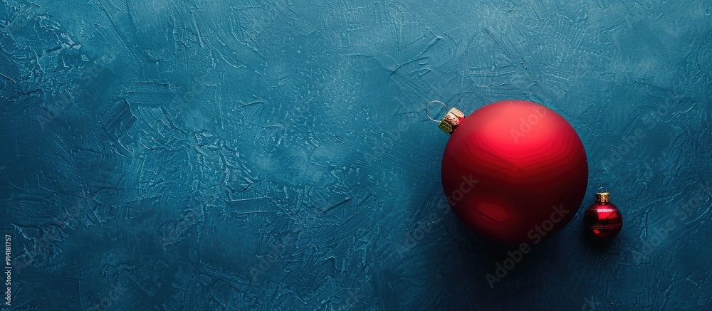 Poster Overhead view of a Christmas ornament on a blue surface with enough empty space for adding images. Creative banner. Copyspace image