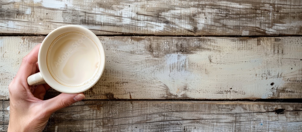 Poster hand holding an empty unkempt coffee cup against a wooden backdrop with copy space image