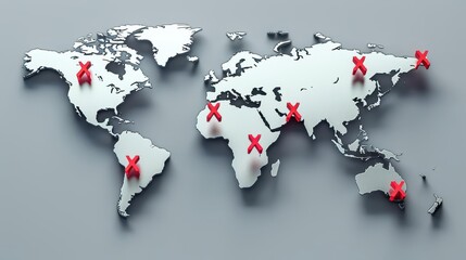 A 3D clip art of the world map with red  X  marks over countries
