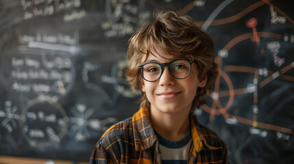 a schoolboy in eyeglasses against blackboard