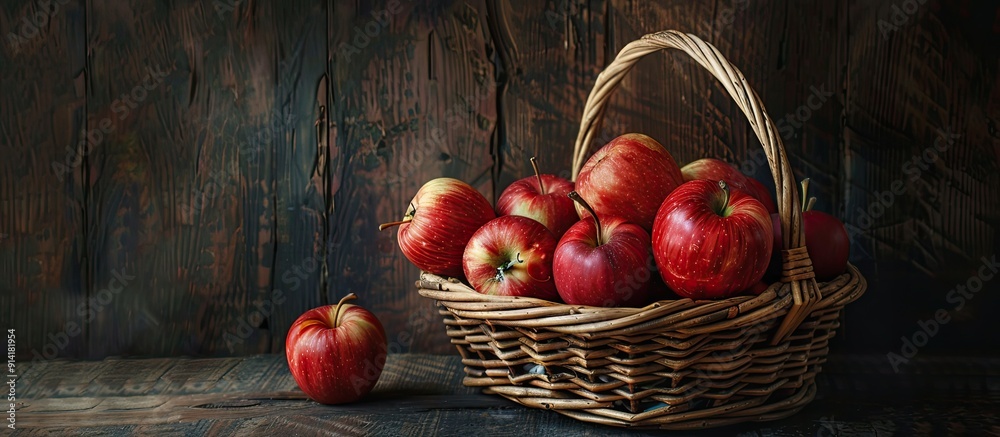 Poster A rustic display of ripe red apples arranged in a wicker basket against a dark wooden backdrop evoking an autumn harvest scene with a flat lay composition and selective focus around a copy space image
