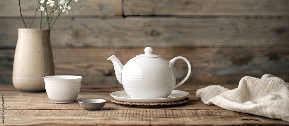 Poster A white ceramic teapot with accessories on a wooden table in a horizontal frame creating a serene tea time atmosphere with a ritual of making and drinking tea including copy space image