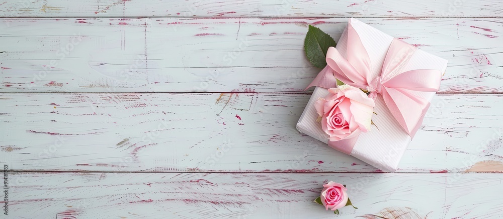 Poster white wooden backdrop beautifully frames a gift box adorned with a delicate pink bow and a rosebud i