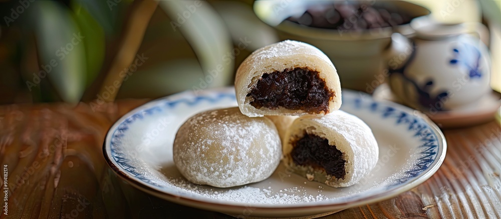 Poster Ohagi filled with delicious sweet red bean paste displayed in a serene copy space image
