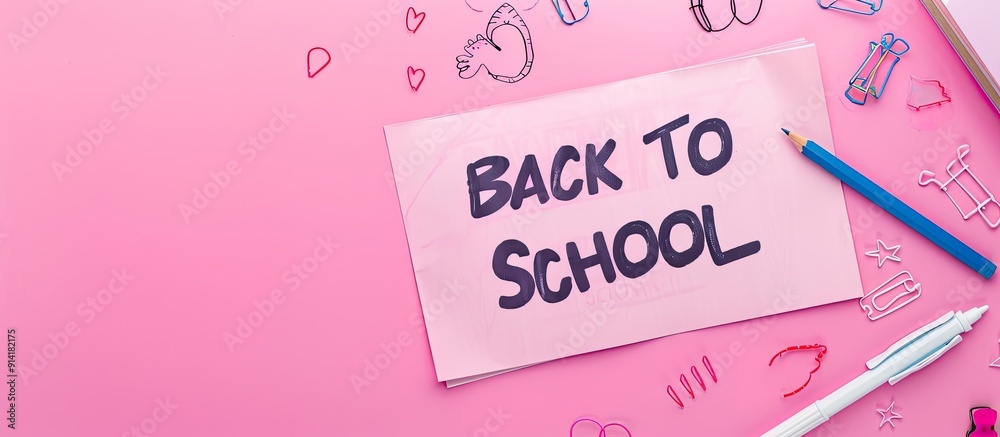 Fototapete pink background with back to school text on paper ideal for banners and business covers top view fla