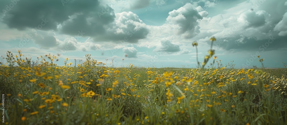 Aufkleber a scenic meadow featuring yellow and green field plants set against a cloudy sky with an overhead co