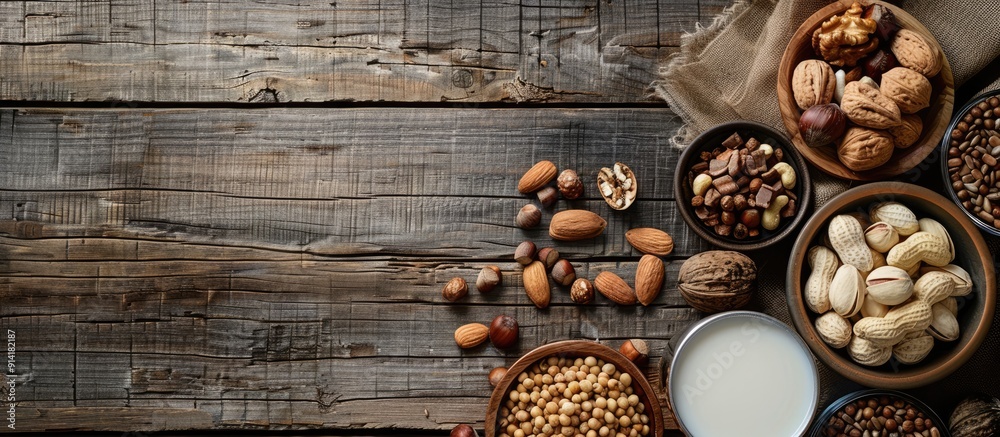 Poster variety of nuts and vegan milk displayed on wooden table with copy space image