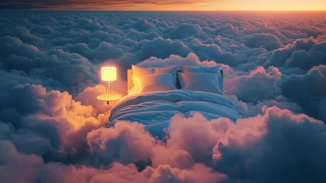 Bedroom floating above the clouds at sunset, dreamlike concept