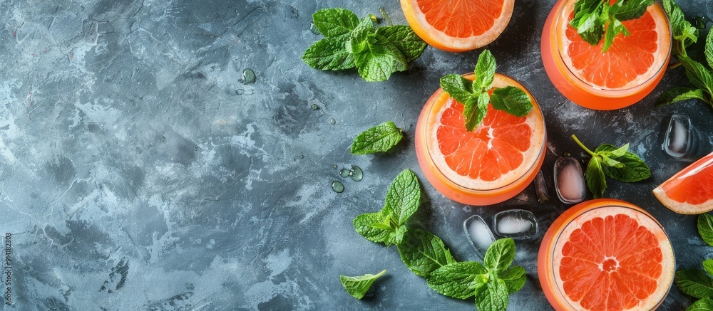 Poster refreshing summer cocktail featuring grapefruit juice with mint in glasses on the table perfect for 