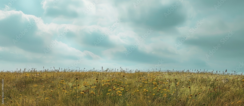 Aufkleber a scenic meadow featuring yellow and green field plants set against a cloudy sky with an overhead co
