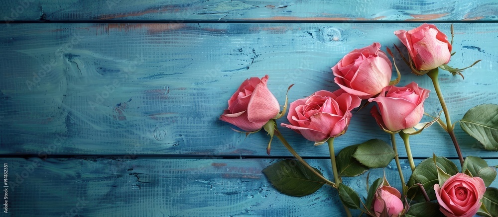 Aufkleber vintage style copy space image of roses on a blue wooden surface for adding text