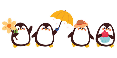 hand drawing cartoon penguin sticker set. cute animal drawing, doodle set