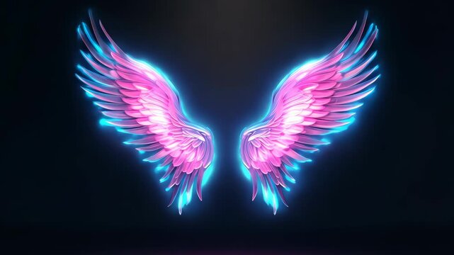 vibrant neon pink and blue angel wings against a dark background, futuristic concept