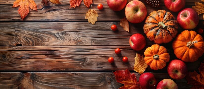 Thanksgiving themed rustic table setting for fall with pumpkins apples and autumn leaves seen from above on wooden surface Seasonal decor with space for text or image. Creative banner. Copyspace image