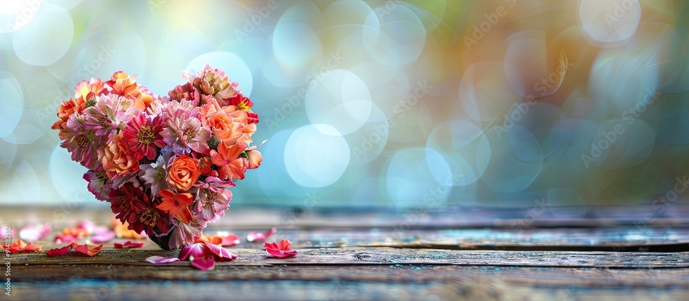 Poster valentine s day heart made of flowers on a wooden backdrop with a blurred background featuring selec