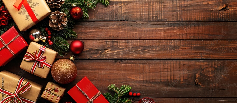 Poster Overview of Christmas presents on a wooden backdrop with a space for inserting images. Creative banner. Copyspace image