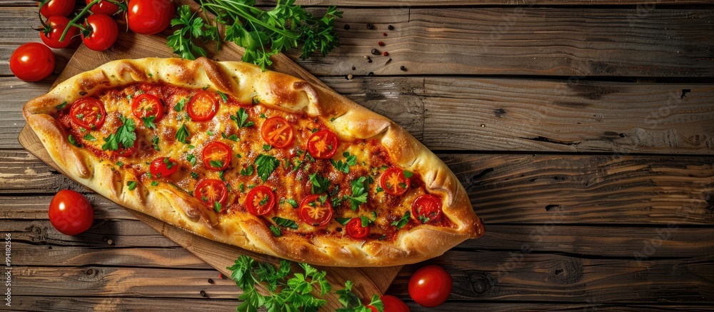 Poster Georgian Khachapuri with tomatoes and paprika displayed from a top view on a wooden background with copy space image