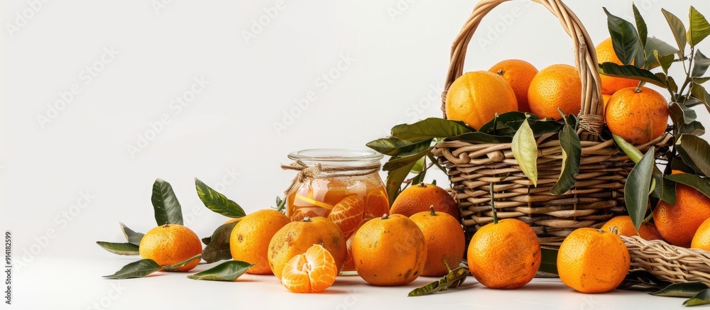 Poster Fresh tangerines with assorted baskets and bowls accompanied by a marmalade jar creating a vibrant image suitable for healthy eating messages with empty white copy space