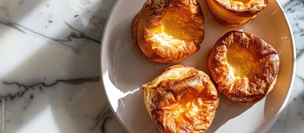 Wall mural yorkshire pudding on a plate with a light tile background creating a pleasing copy space image